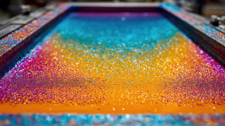 A stunning close-up of a colorful glitter pool, showcasing vibrant shades of orange, pink, and blue, perfect for creative projects and artistic backgrounds.の素材