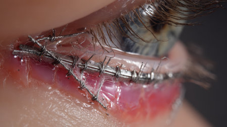 A detailed close-up image showcasing surgical stitches on a human eye. The photograph captures the intricate healing process after an eye procedure, highlighting the surgical method and precision involved in medical care.の素材