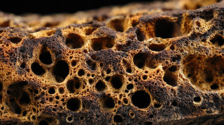 This image presents a close-up view of a textured natural material, showcasing unique holes and patterns that highlight its organic beauty and details.の素材