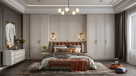 Discover a luxurious modern bedroom showcasing an elegant design with stylish furniture, soft textures, and a cozy atmosphere ideal for relaxation.の素材