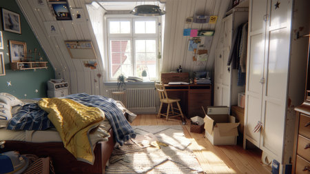 This cozy bedroom features natural light streaming through a window, wooden flooring, and a blend of personal and creative decor elements.の素材