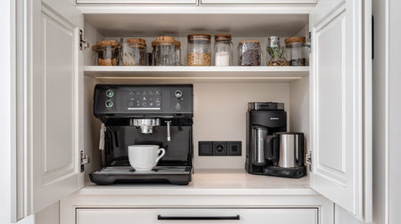 A modern kitchen cabinet features an espresso machine and coffee maker with neatly organized glass jars. This design embodies functionality and aesthetics, perfect for coffee lovers.の素材
