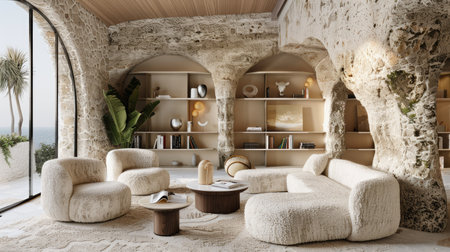 A beautifully designed living room with stunning stone walls that seamlessly blends modern aesthetics with natural elements, creating an inviting atmosphere.の素材