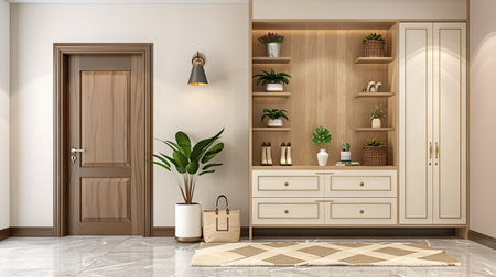 A beautifully designed modern entryway showcasing a wooden door, organized shelves, and vibrant indoor plants, creating a welcoming ambiance.の素材
