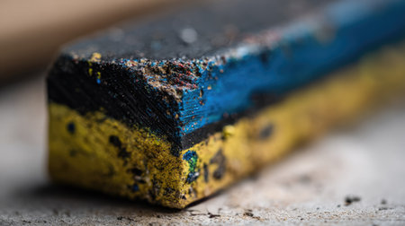 This close-up image showcases a piece of chalk with striking blue and yellow stripes, highlighting its texture and artistic potential on a textured surface.の素材