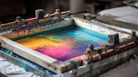 This captivating image showcases a vibrant abstract paint composition on a screen in an artistic studio. The colors flow and blend beautifully, creating a mesmerizing visual effect.の素材