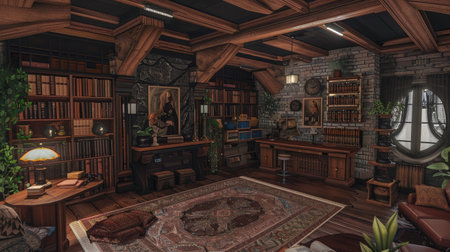 An inviting home library designed with elegant wooden shelves filled with books, a cozy reading nook, and beautiful decor, perfect for relaxation and study.の素材