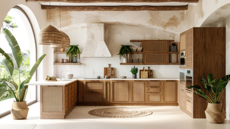 Beautifully designed kitchen featuring wooden cabinets and natural materials, complemented by greenery and inviting decor elements, creating a serene space.の素材