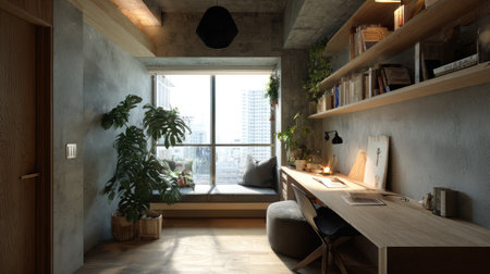A modern minimalist home office featuring large windows that invite natural light, a cozy workspace, stylish decor, and greenery for a refreshing vibe.の素材