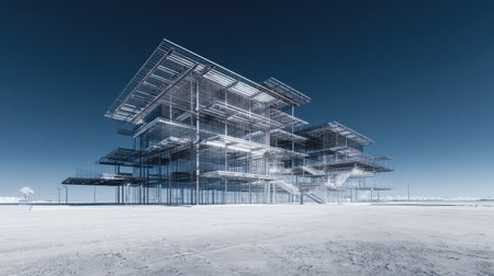 A striking modern architectural structure featuring a transparent design amid a minimalist landscape. The image captures innovative construction lines against a clear blue sky, emphasizing form and space.の素材