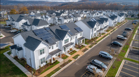 Aerial view of a modern residential community featuring solar panels on rooftops, highlighting sustainable living in a suburban landscape filled with greenery.の素材