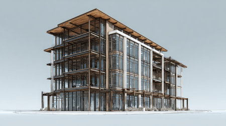 This image features a modern architectural design of a sustainable office building, highlighting its glass facade and wooden accents in a vibrant setting.の素材