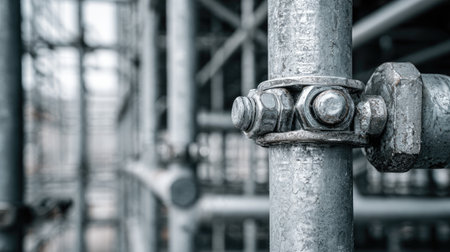 A close-up view of a metal scaffold joint featuring rusty bolts, showcasing the industrial aspects of construction. This image highlights structural integrity.の素材