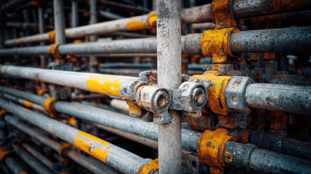 Detailed close-up image of metal scaffolding showcasing rusty and weathered pipes, ideal for construction, industrial applications, and architectural projects.の素材