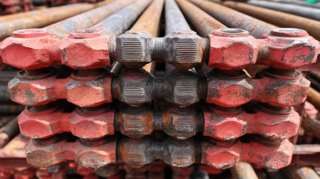 A detailed close-up capture of stacked industrial metal components showcasing rusty threaded bolts and nuts, emphasizing manufacturing details and structural integrity.の素材