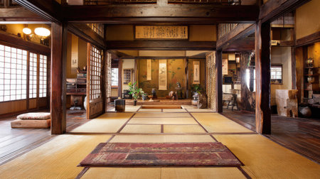 Step into a traditional Japanese interior that exudes peace and tranquility, featuring tatami mats, wooden beams, and artistic decor elements, perfect for relaxation.の素材