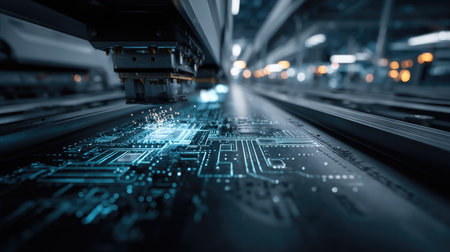 This image showcases advanced technology automation in a manufacturing environment, highlighting a circuit board design with futuristic robotic machinery in action.の素材