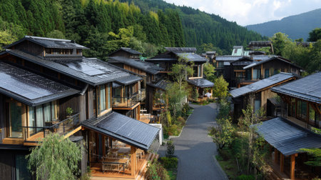 This stunning image showcases a modern housing complex nestled in the green hills, featuring eco-friendly homes designed for a sustainable lifestyle in nature.の素材