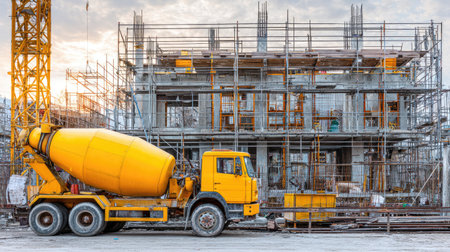 A vibrant scene of a construction site at sunset, featuring a yellow cement mixer truck beside scaffolding, showcasing urban development and industry work.の素材
