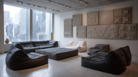 This image captures a cozy modern living space featuring unique textured walls and ample seating, ideal for urban relaxation and social gatherings.の素材