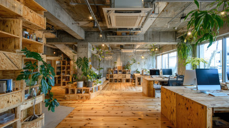 This modern office interior showcases an eco-friendly design with spacious layouts, natural wood furniture, abundant greenery, and inspiring workspaces.の素材