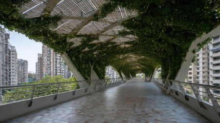 This image captures a serene urban walkway enveloped in a lush green canopy, showcasing modern architecture and a tranquil atmosphere perfect for leisurely strolls.の素材