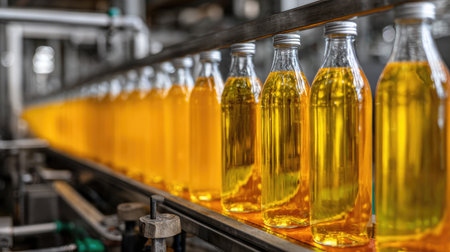 A close-up view of glass bottles filled with golden cooking oil on a production line in a modern industrial setting, showcasing manufacturing processes.の素材