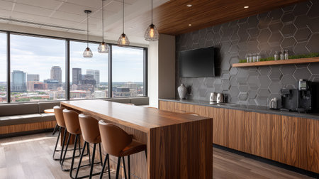 This image showcases a modern office kitchen with a wooden table and stylish chairs, offering a panoramic view of the cityscape through large windows.の素材