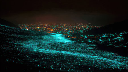 A breathtaking night view showcases a sprawling city illuminated by countless vibrant lights, reflecting a serene and ethereal atmosphere.の素材