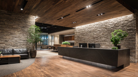 A stylish reception area featuring natural stone walls, elegant wood accents, and a comfortable seating arrangement, perfect for modern office settings.の素材