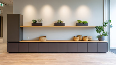 This modern office interior features minimalistic design elements, showcasing plants and natural materials to create a tranquil and elegant workspace.の素材