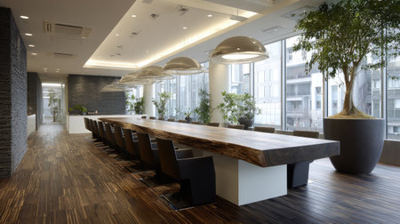 This modern office interior showcases a spacious conference table with elegant chairs, surrounded by lush greenery and abundant natural light, creating a productive atmosphere.の素材