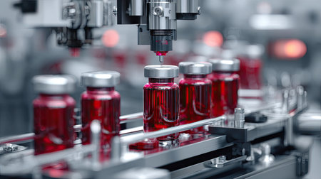 This image showcases an automated pharmaceutical production line featuring red vials and precision machinery, highlighting efficiency in modern healthcare manufacturing.の素材