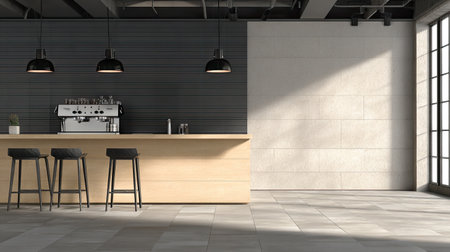 This modern coffee shop interior showcases a sleek bar with stylish stools and elegant lighting, creating a warm and inviting atmosphere for social interaction.の素材