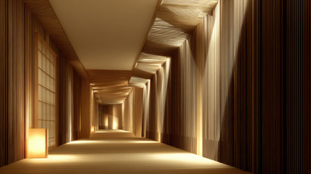 This spacious corridor features elegant wooden paneling and warm ambient lighting, creating a serene atmosphere ideal for relaxation and reflection.の素材