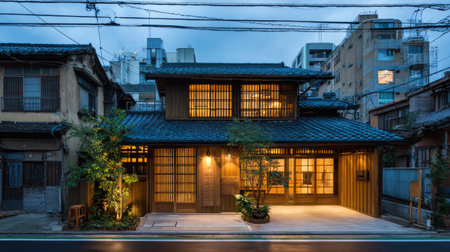 A charming traditional wooden house blending modern architecture in an urban environment, illuminated at night. The serene view reflects elegance and tranquility.の素材