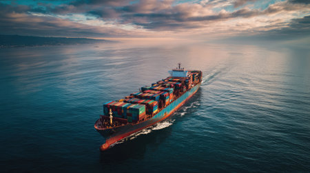 A large cargo ship navigates calm ocean waters during a stunning sunset. Colorful containers stack high, symbolizing global trade and shipping efficiency.の素材