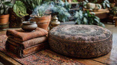 This inviting living space features decorative cushions, soft textiles, and the calming scent of incense smoke, surrounded by lush greenery.の素材