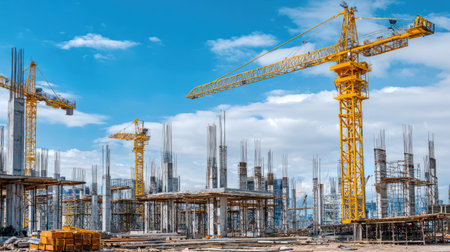 A vibrant construction site featuring towering yellow cranes, steel framework, and a bright blue sky, representing the bustling activity of modern building projects.の素材
