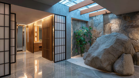 This elegant interior showcases a contemporary design with natural stone, greenery, and serene lighting, promoting a tranquil and inviting atmosphere.の素材
