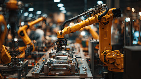 A dynamic scene showcasing robotic arms actively engaged in a modern manufacturing facility, highlighting efficiency and advanced technology in automation.の素材