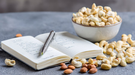 Open notebook and pen lies beside a bowl of cashews and almonds, showcasing healthy snack options. Perfect for lifestyle and wellness themes.の素材