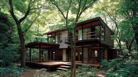 A beautiful modern wooden house nestled in a vibrant forest, featuring large windows, a spacious deck, and a tranquil atmosphere for relaxation.の素材