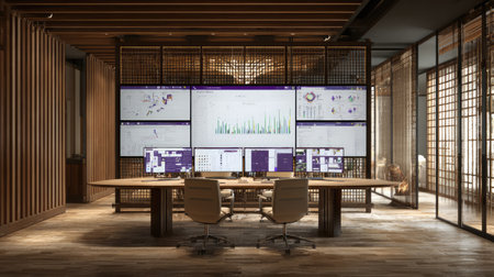 A modern office workspace featuring a large table surrounded by chairs and multiple digital screens displaying data analytics and business information.の素材