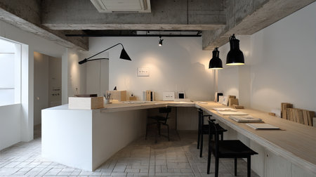 A modern minimalist office interior featuring clean lines, natural light, and stylish decor elements. This spacious workspace enhances productivity and creativity.の素材