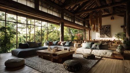 This beautiful living room showcases a modern rustic style, filled with natural light and surrounded by lush greenery. The space features comfortable seating, wooden furniture, and decorative elements that create a cozy and inviting atmosphere.の素材