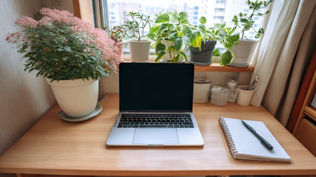 A serene home office scene featuring a laptop on a smooth wooden desk surrounded by lush green plants and a notebook, ideal for creative work.の素材
