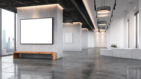 This image showcases a modern minimalist interior featuring white walls, large windows with city views, and a sleek wooden bench, creating a serene atmosphere.の素材