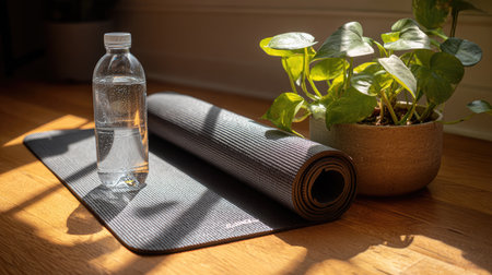 A tranquil indoor scene featuring a yoga mat, a refreshing water bottle, and a vibrant plant, all illuminated by natural sunlight. Ideal for wellness.の素材