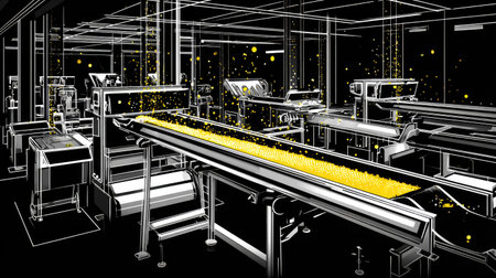 A detailed illustration of an industrial factory interior featuring a conveyor system with yellow granules flowing. The design emphasizes modernity and efficiency in production environments.の素材